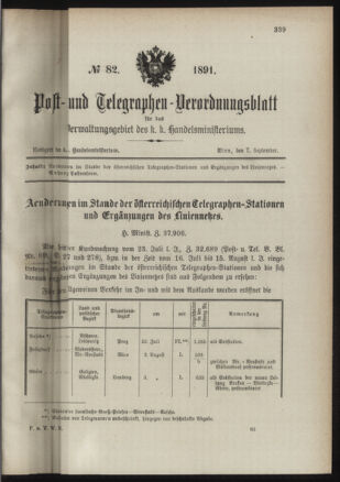 Post- und Telegraphen-Verordnungsblatt für das Verwaltungsgebiet des K.-K. Handelsministeriums 18910907 Seite: 1