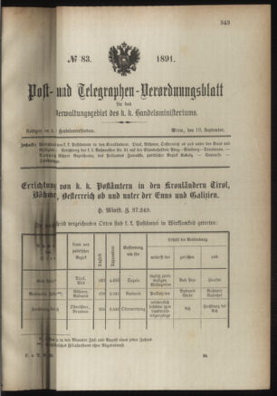 Post- und Telegraphen-Verordnungsblatt für das Verwaltungsgebiet des K.-K. Handelsministeriums 18910910 Seite: 1