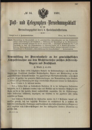 Post- und Telegraphen-Verordnungsblatt für das Verwaltungsgebiet des K.-K. Handelsministeriums 18910916 Seite: 1