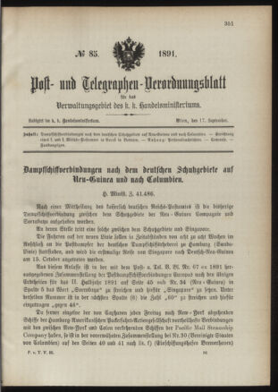 Post- und Telegraphen-Verordnungsblatt für das Verwaltungsgebiet des K.-K. Handelsministeriums 18910917 Seite: 1