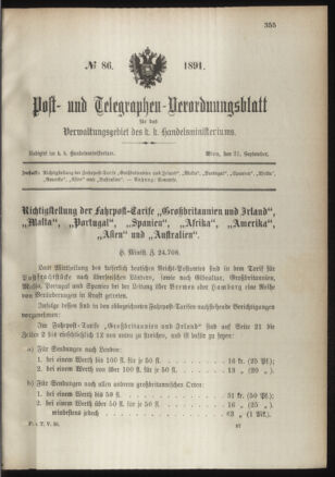 Post- und Telegraphen-Verordnungsblatt für das Verwaltungsgebiet des K.-K. Handelsministeriums 18910921 Seite: 1