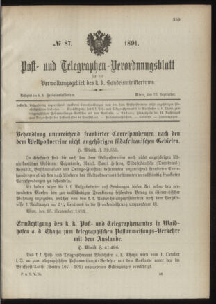 Post- und Telegraphen-Verordnungsblatt für das Verwaltungsgebiet des K.-K. Handelsministeriums 18910924 Seite: 1