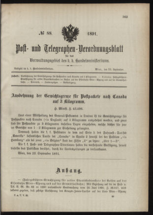 Post- und Telegraphen-Verordnungsblatt für das Verwaltungsgebiet des K.-K. Handelsministeriums 18910929 Seite: 1