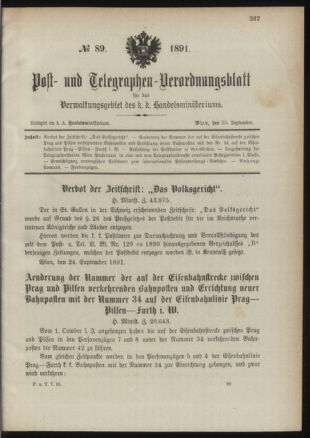 Post- und Telegraphen-Verordnungsblatt für das Verwaltungsgebiet des K.-K. Handelsministeriums 18910930 Seite: 1