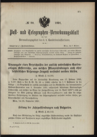 Post- und Telegraphen-Verordnungsblatt für das Verwaltungsgebiet des K.-K. Handelsministeriums 18911002 Seite: 1