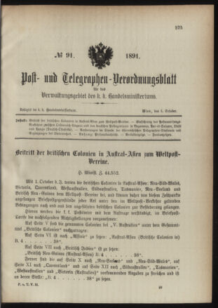 Post- und Telegraphen-Verordnungsblatt für das Verwaltungsgebiet des K.-K. Handelsministeriums 18911004 Seite: 1