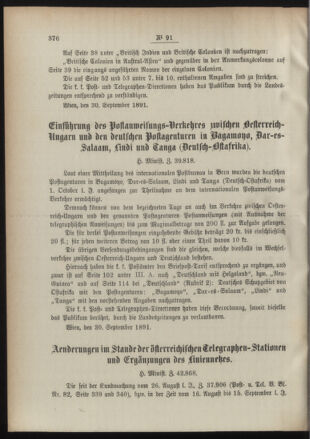 Post- und Telegraphen-Verordnungsblatt für das Verwaltungsgebiet des K.-K. Handelsministeriums 18911004 Seite: 2