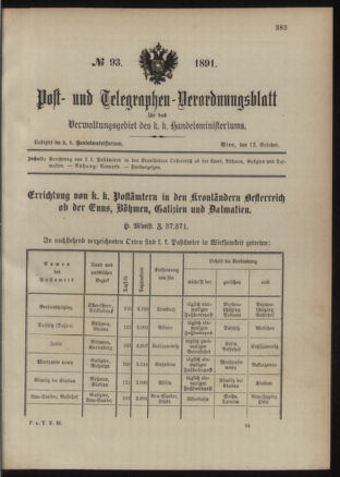 Post- und Telegraphen-Verordnungsblatt für das Verwaltungsgebiet des K.-K. Handelsministeriums 18911012 Seite: 1