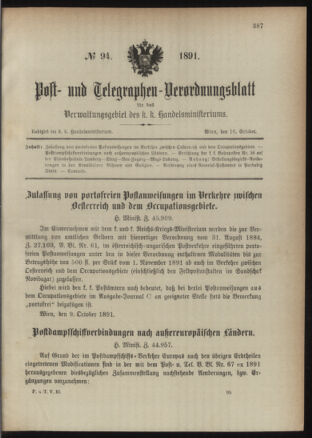 Post- und Telegraphen-Verordnungsblatt für das Verwaltungsgebiet des K.-K. Handelsministeriums 18911016 Seite: 1