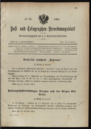 Post- und Telegraphen-Verordnungsblatt für das Verwaltungsgebiet des K.-K. Handelsministeriums 18911022 Seite: 1