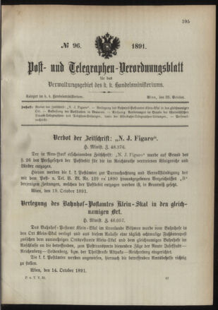 Post- und Telegraphen-Verordnungsblatt für das Verwaltungsgebiet des K.-K. Handelsministeriums 18911026 Seite: 1