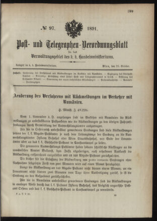 Post- und Telegraphen-Verordnungsblatt für das Verwaltungsgebiet des K.-K. Handelsministeriums 18911028 Seite: 1