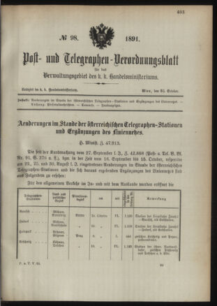 Post- und Telegraphen-Verordnungsblatt für das Verwaltungsgebiet des K.-K. Handelsministeriums 18911030 Seite: 1