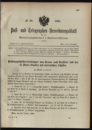 Post- und Telegraphen-Verordnungsblatt für das Verwaltungsgebiet des K.-K. Handelsministeriums 18911103 Seite: 1