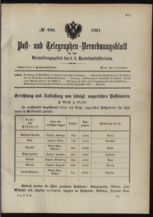 Post- und Telegraphen-Verordnungsblatt für das Verwaltungsgebiet des K.-K. Handelsministeriums 18911105 Seite: 1