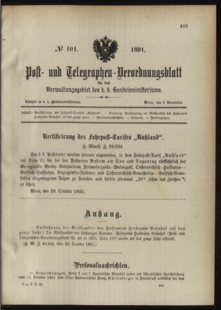 Post- und Telegraphen-Verordnungsblatt für das Verwaltungsgebiet des K.-K. Handelsministeriums 18911109 Seite: 1