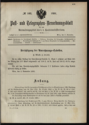 Post- und Telegraphen-Verordnungsblatt für das Verwaltungsgebiet des K.-K. Handelsministeriums 18911111 Seite: 1