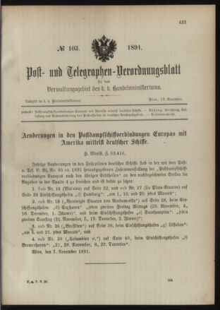 Post- und Telegraphen-Verordnungsblatt für das Verwaltungsgebiet des K.-K. Handelsministeriums 18911113 Seite: 1