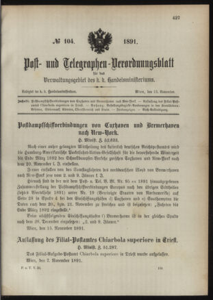 Post- und Telegraphen-Verordnungsblatt für das Verwaltungsgebiet des K.-K. Handelsministeriums 18911118 Seite: 1