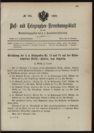 Post- und Telegraphen-Verordnungsblatt für das Verwaltungsgebiet des K.-K. Handelsministeriums 18911119 Seite: 1