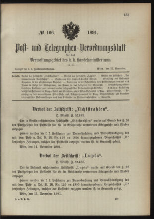 Post- und Telegraphen-Verordnungsblatt für das Verwaltungsgebiet des K.-K. Handelsministeriums 18911122 Seite: 1