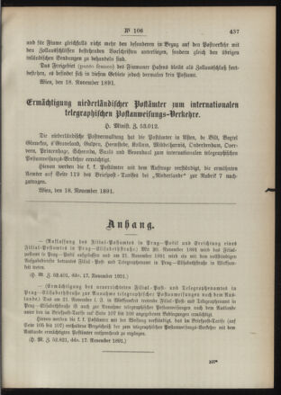 Post- und Telegraphen-Verordnungsblatt für das Verwaltungsgebiet des K.-K. Handelsministeriums 18911122 Seite: 3