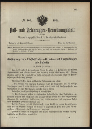 Post- und Telegraphen-Verordnungsblatt für das Verwaltungsgebiet des K.-K. Handelsministeriums 18911124 Seite: 1