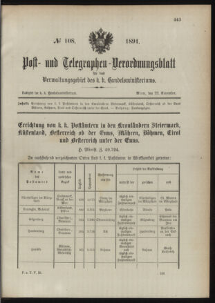 Post- und Telegraphen-Verordnungsblatt für das Verwaltungsgebiet des K.-K. Handelsministeriums 18911128 Seite: 1