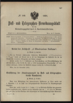 Post- und Telegraphen-Verordnungsblatt für das Verwaltungsgebiet des K.-K. Handelsministeriums 18911130 Seite: 1