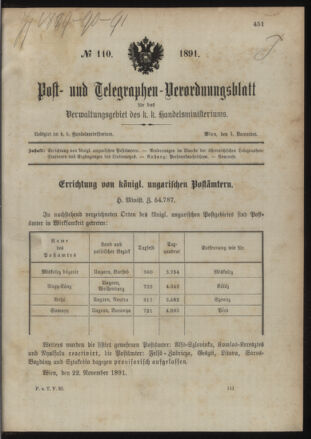 Post- und Telegraphen-Verordnungsblatt für das Verwaltungsgebiet des K.-K. Handelsministeriums 18911204 Seite: 1