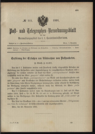 Post- und Telegraphen-Verordnungsblatt für das Verwaltungsgebiet des K.-K. Handelsministeriums 18911209 Seite: 1