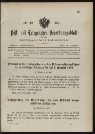 Post- und Telegraphen-Verordnungsblatt für das Verwaltungsgebiet des K.-K. Handelsministeriums 18911211 Seite: 1