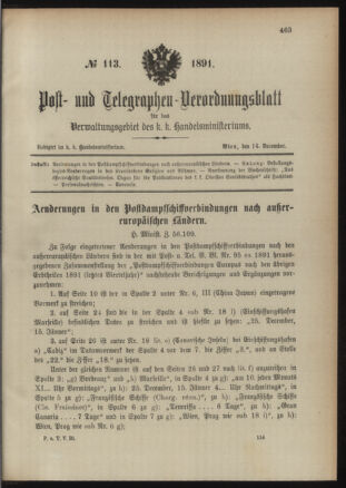 Post- und Telegraphen-Verordnungsblatt für das Verwaltungsgebiet des K.-K. Handelsministeriums 18911214 Seite: 1