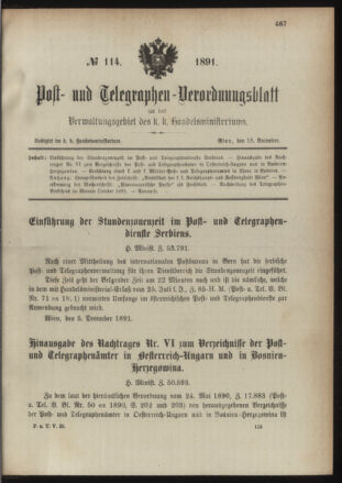 Post- und Telegraphen-Verordnungsblatt für das Verwaltungsgebiet des K.-K. Handelsministeriums 18911218 Seite: 1