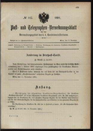 Post- und Telegraphen-Verordnungsblatt für das Verwaltungsgebiet des K.-K. Handelsministeriums 18911219 Seite: 1