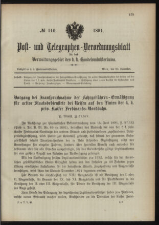 Post- und Telegraphen-Verordnungsblatt für das Verwaltungsgebiet des K.-K. Handelsministeriums 18911220 Seite: 1