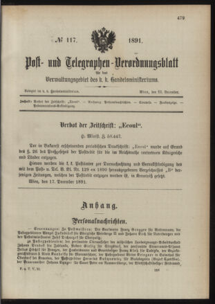 Post- und Telegraphen-Verordnungsblatt für das Verwaltungsgebiet des K.-K. Handelsministeriums 18911223 Seite: 1