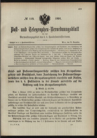 Post- und Telegraphen-Verordnungsblatt für das Verwaltungsgebiet des K.-K. Handelsministeriums 18911229 Seite: 1