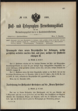 Post- und Telegraphen-Verordnungsblatt für das Verwaltungsgebiet des K.-K. Handelsministeriums 18911231 Seite: 1