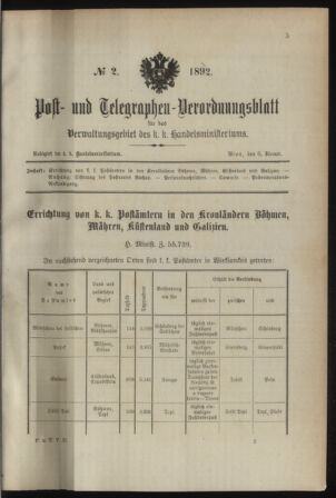 Post- und Telegraphen-Verordnungsblatt für das Verwaltungsgebiet des K.-K. Handelsministeriums 18920108 Seite: 1