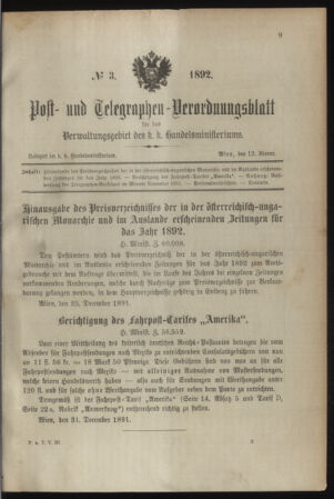 Post- und Telegraphen-Verordnungsblatt für das Verwaltungsgebiet des K.-K. Handelsministeriums 18920112 Seite: 1