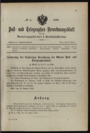 Post- und Telegraphen-Verordnungsblatt für das Verwaltungsgebiet des K.-K. Handelsministeriums 18920118 Seite: 1