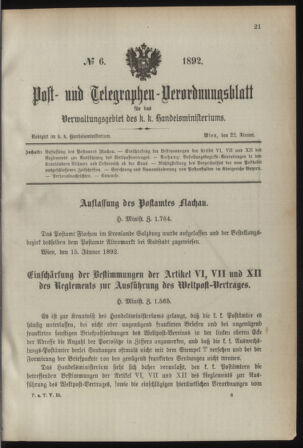 Post- und Telegraphen-Verordnungsblatt für das Verwaltungsgebiet des K.-K. Handelsministeriums 18920122 Seite: 1