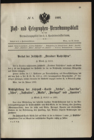 Post- und Telegraphen-Verordnungsblatt für das Verwaltungsgebiet des K.-K. Handelsministeriums 18920128 Seite: 1