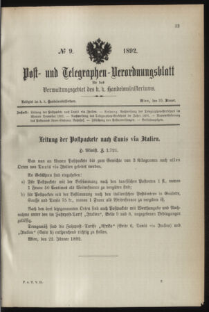 Post- und Telegraphen-Verordnungsblatt für das Verwaltungsgebiet des K.-K. Handelsministeriums 18920129 Seite: 1