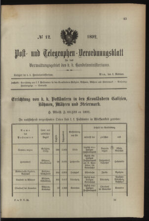 Post- und Telegraphen-Verordnungsblatt für das Verwaltungsgebiet des K.-K. Handelsministeriums 18920205 Seite: 1