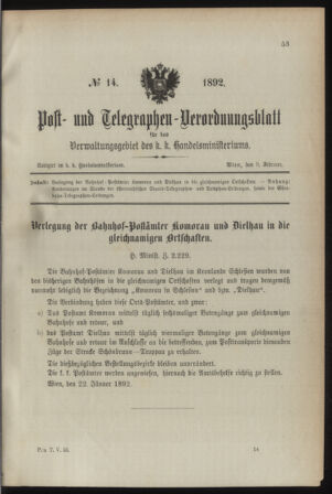 Post- und Telegraphen-Verordnungsblatt für das Verwaltungsgebiet des K.-K. Handelsministeriums 18920209 Seite: 1