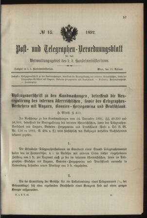 Post- und Telegraphen-Verordnungsblatt für das Verwaltungsgebiet des K.-K. Handelsministeriums 18920210 Seite: 1