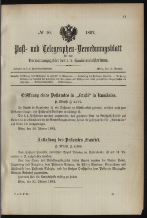 Post- und Telegraphen-Verordnungsblatt für das Verwaltungsgebiet des K.-K. Handelsministeriums 18920212 Seite: 1