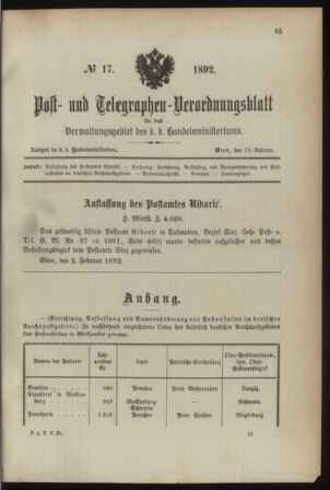 Post- und Telegraphen-Verordnungsblatt für das Verwaltungsgebiet des K.-K. Handelsministeriums 18920219 Seite: 1